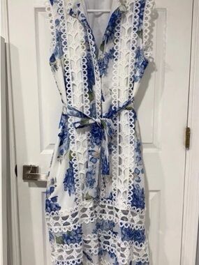 White and Blue Floral Midi Skirt with Lace Trim
